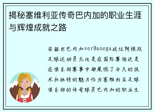 揭秘塞维利亚传奇巴内加的职业生涯与辉煌成就之路