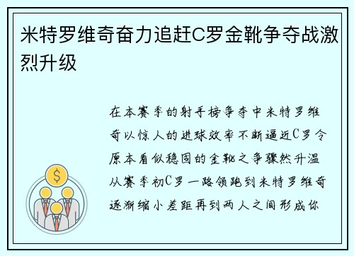米特罗维奇奋力追赶C罗金靴争夺战激烈升级 米特罗维奇奋力追赶C罗金靴争夺战激烈升级